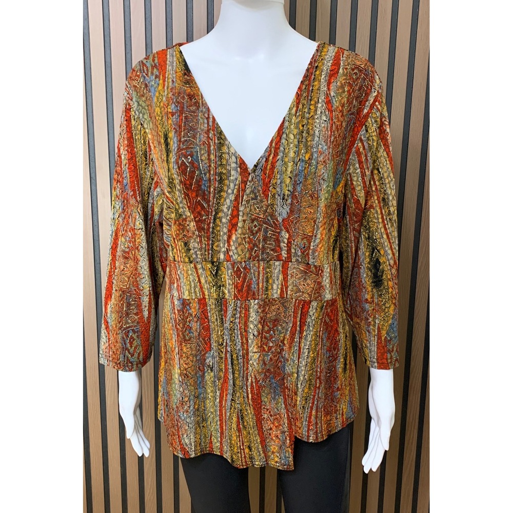 Coldwater Creek Women's L V-Neck Empire Waist Metallic Abstract Print Blouse Red